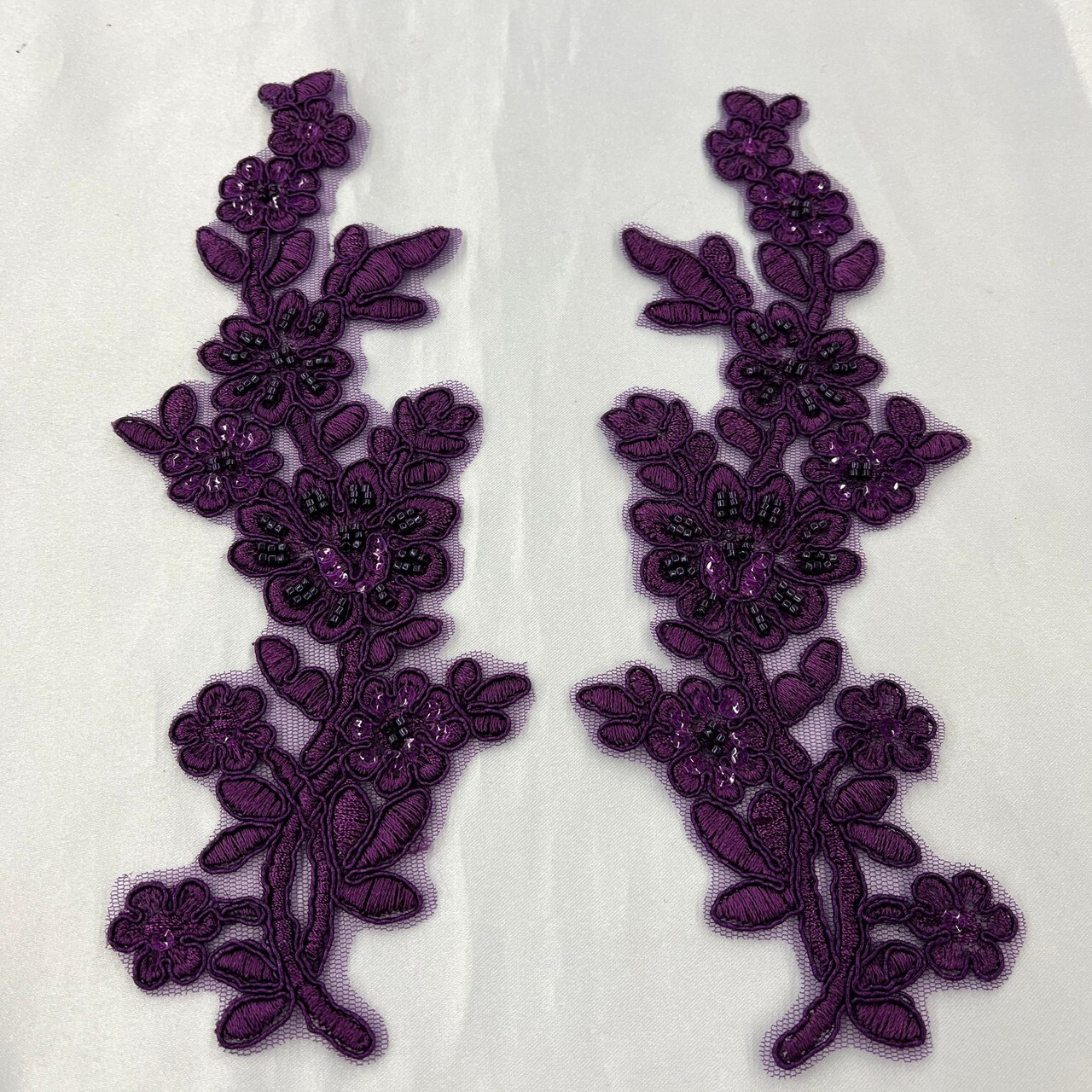 1 Pair Beaded & Corded Floral Lace Applique 10" x 2" Each Side